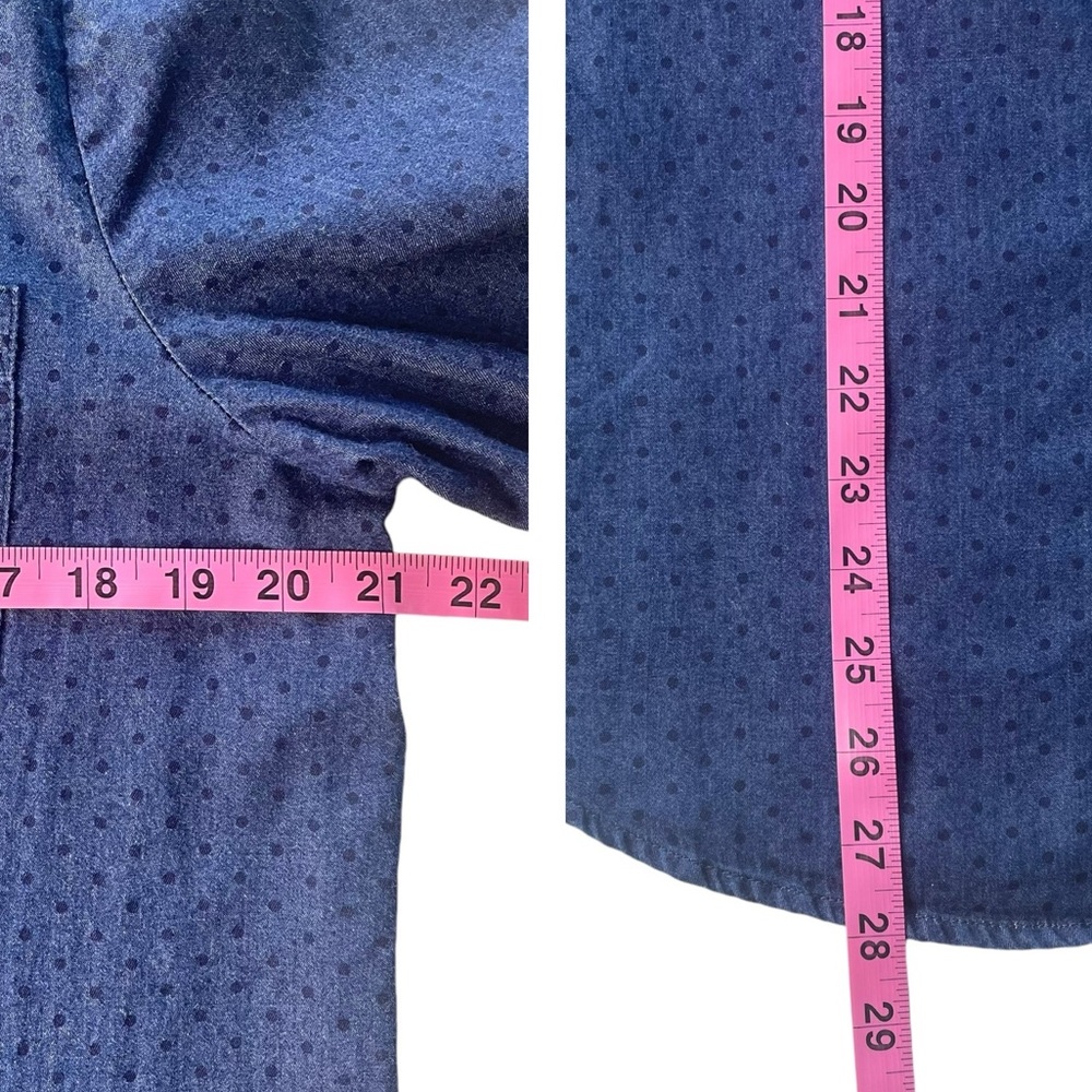 LIZ CLAIBORNE Navy Blue Cotton Blouse Shirt SZ L Casual Comfy Chambray Polka Dot - Picture 14 of 16